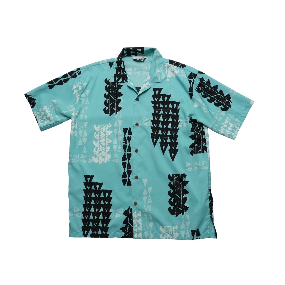 Makani Aloha Shirt Mens Medium Teal Black Tribal Camp Collar Hawaiian Shirt
